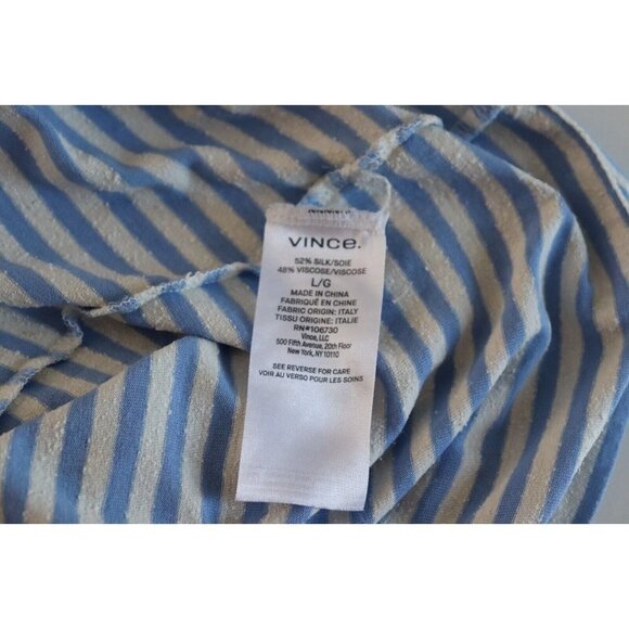 Vince Women's Large Steel Blue Bone White Stripe T-Shirt Silk Blend Tee Crew Top - Picture 10 of 11